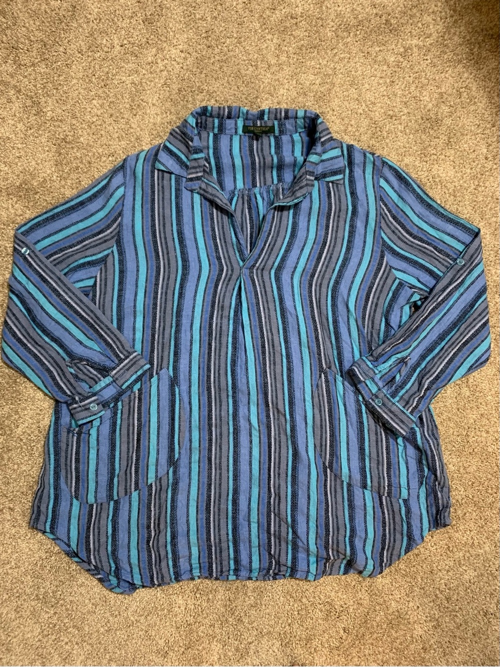 For Cynthia Lagenlook Blue Stripe 3/4 Sleeve Popover Linen Blouse Plus Size 1X